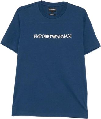 Emporio Armani Tops, Heren, Blauw, 2Xl, Katoen, Blauw Crew Neck Geborduurd Logo T-shirt
