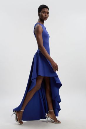 Karen Millen Womens Petite Scuba Drama Ruffle Hem Woven Maxi Dress - Navy Polyamide - Size 14 UK