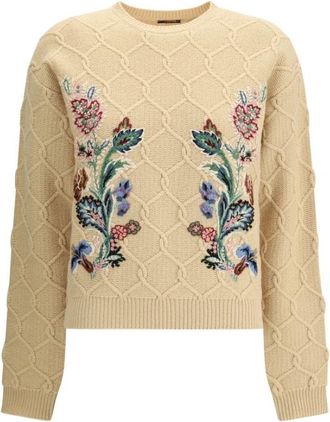 Etro Wollen en kasjmier trui met borduursel - Dames - Ronde hals truien - Beige - S - Wol - Truien & Vesten