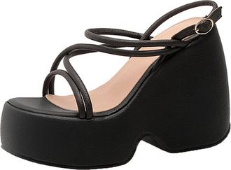 Generic MiaZane Womens Platform Sandals Chunky Wedge Heel Adjustable Ankle Strap Open Toe Gladiator Shoes for Summer Commute & Daily Walking,Black,4.5 UK