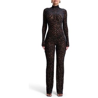 Naked Wardrobe Burnout Long Sleeve Jumpsuit in Leopard Nude at Nordstrom Rack, Size X-Large
