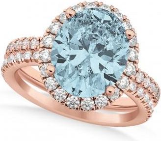 Allurez Aquamarine & Diamonds Oval-Cut Halo Bridal Set 14K Rose Gold (3.03ct)