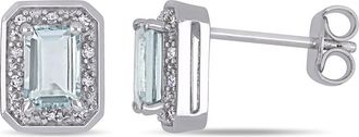 Amour 1/10 CT TW Diamond and Emerald Cut Aquamarine Halo Earrings In Sterling Silver