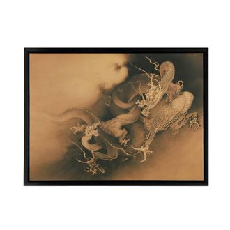 Artery8 Kano Hogai Japanese Dragons In Clouds Framed Canvas Wall Art Print in Beige | Size: W24 x H32