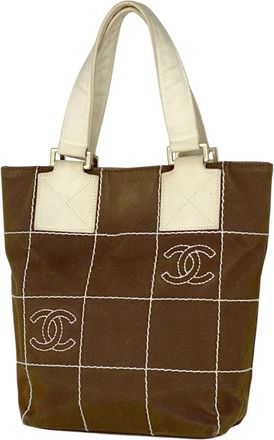 Chanel Brown White Canvas Handbag Tote Bag (Pre-Owned)
