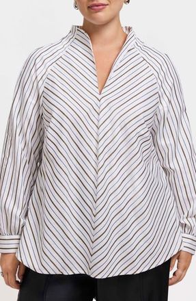 Foxcroft Daphne Metallic Stripe Cotton Blend Pullover Shirt in White/Multi at Nordstrom, Size 1X