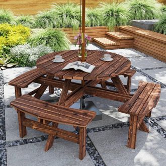 OUTSUNNY Wooden Garden Dining Set with Parasol Hole for Outdoor in Dark Brown
