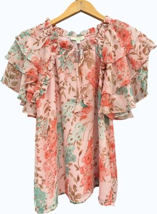 Jade Yoga Tiered Sleeve Ruffles Blouse In Pink Garden