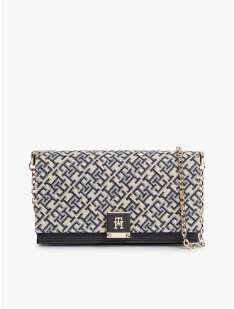 Tommy Hilfiger Womens Monogram Clasp Jacquard Chain Crossbody - Blue