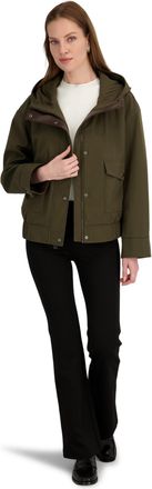 Elie Tahari Womens Leone Hooded Rain Bomber Water-Resistant Softshell Jacket w/Patch Pockets