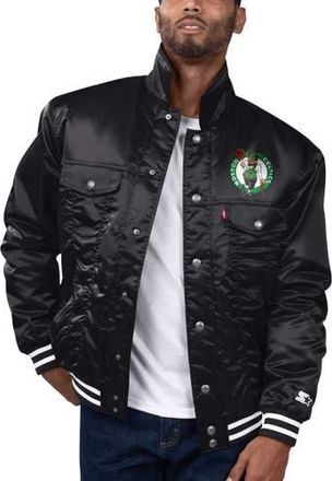 Starter Mens Starter x Levis Black Boston Celtics Silver Label Trucker Satin Full-Snap Jacket at Nordstrom, Size Medium