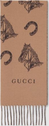 Gucci Silk Wool Equestrian Jacquard Scarf, Beige, Wool