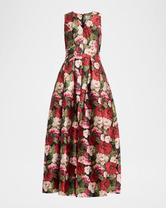 Sachin & Babi Brooke Pleated Floral-Print Mikado Gown
