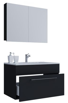 ebuy24 Ebuy24 - Vcm 3 Piezas Lavabo Lavabo Inferior Gabinete Ancho 80 Cm Muebles De Ba&ntilde;o Juego Colgando Con Un Caj&oacute;n Espejo Gabinete Badinos (negro)