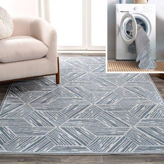 Jonathan Y Designs Vector Modern Coastal Geometric Machine-Washable Area Rug in Blue/cream at Nordstrom, Size 3Ft 0In X 5Ft 0In