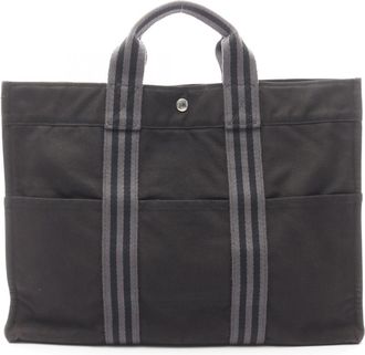 Herm&egrave;s Black Gray Canvas Handbag Tote Bag (Pre-Owned)