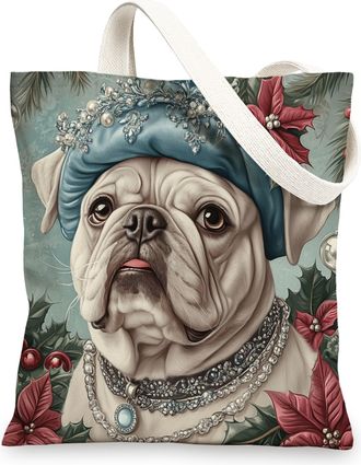 Generic Vintage Christmas Bulldog Dog Canvas Tote Bag for Shopping 13x15, Retro Xmas Puppy Reusable Grocery Print Pattern Bag for Women, Pet Beach Aesthetic P