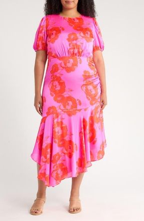 Sugarlips Lailah Floral Balboa Asymmetric Midi Dress in Magenta Red at Nordstrom, Size 3X
