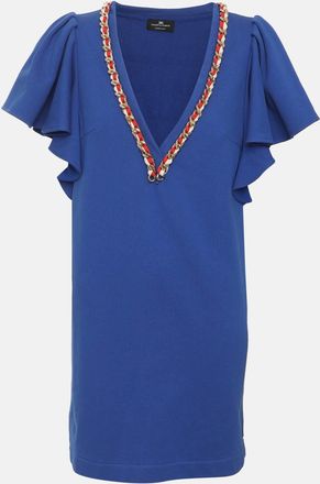 Elisabetta Franchi Blue Jersey Chain Embellished Ruffled Sleeve Mini Dress