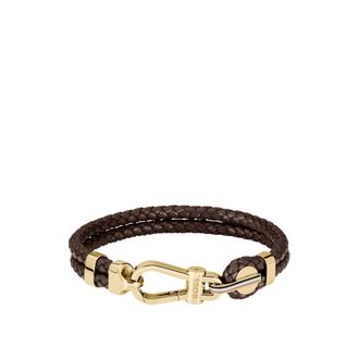 BOSS Brown braided-leather cuff with gold-tone carabiner closure