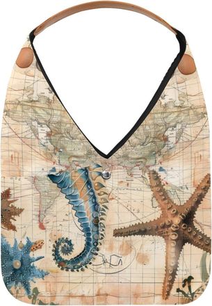 Generic Seahorse Starfish and Map Reusable Lightweight Grocery Bags - Foldable Into Compact Pouch, Washable & Sturdy, Multipurpose for Shopping and Travel