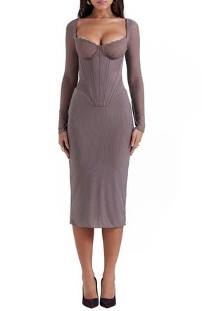 House of CB Safran Long Sleeve Midi Dress in Mocha at Nordstrom, Size X-Small A