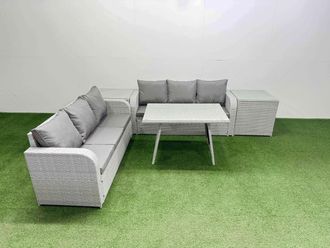 Fimous Rattan High Back Lounge Sofa Set with 3 Seater Sofa 2 Side Tables in Light Grey