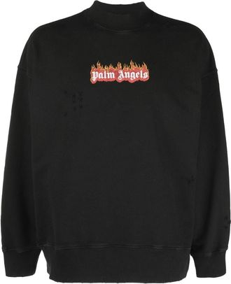 Palm Angels Burning Logo-print distressed sweatshirt - men - Cotton/Polyester - S - Black