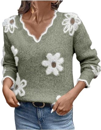 Generic Sexy V Neck Sweaters for Women Long Sleeve Lightweight Knit Tops Casual Loose Fall Pullover Fashion Floral Printed Fuzzy V Neck Jumpers Basic Elegant 