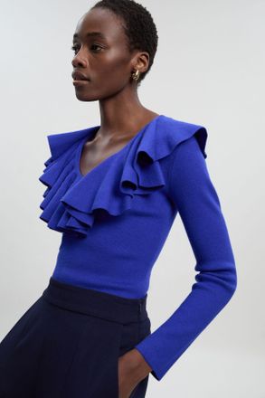 Karen Millen Womens Compact Wool Look Ruffle V Neck Knit Top - Blue Viscose - Size X-Small