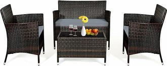 Costway Set 4 Muebles De Jar&iacute;n De Mimbre Para Patio Set Mesa Y Sof&aacute; De Exterior Set Conversaci&oacute;n Entretejido A Mano - Costway