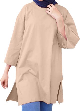 Generic Womens Muslim Islamic Long Shirt - Oversized Tunic Top, Arabian Afghan Dubai Modest Style, Madrassa Button Down Blouse for Daily Wear(Beige, XXXL)