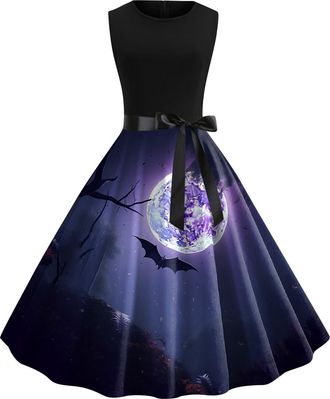 Generic Vintage Dresses for Women UK 1950 Round Neck Vintage Print Dresses Retro Halloween Rockabilly Dress Sleeveless Cocktail Swing Dress Bowknot A Line Dre