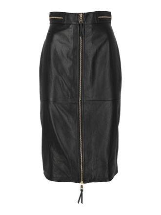 Elisabetta Franchi Fitted Black Sheepskin Leather Skirt With Front Zipper