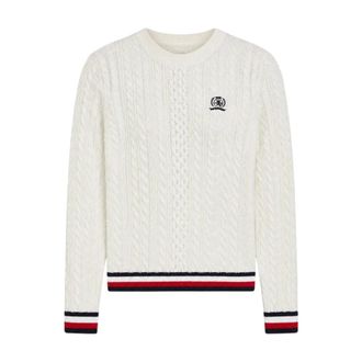 Tommy Jeans Kabelgebreide trui met bies - Dames - Truien - Wit - Maat: M Katoen
