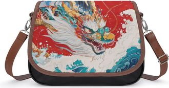 Generic Dragon And Wave Crossbody Bag Womens Handbag PU Message Bags Shoulder Purse with Adjustable Strap