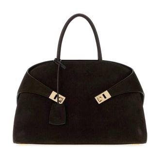 Ferragamo Hug Suede Corduroy Top-Handle Tas - Dames - Handtassen - Bruin - ONE Size - Leer - Tassen