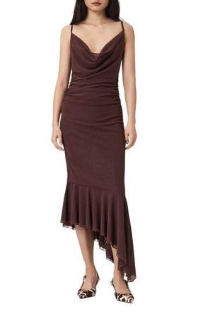 AllSaints Bea Asymmetric Hem Mesh Midi Dress in Bitter Brown at Nordstrom Rack, Size 10 Us / 14 Uk
