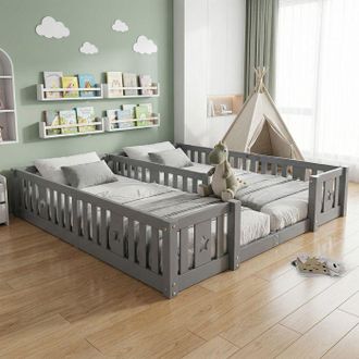 OEM Cama Infantil - Cama De Suelo - Cama Doble - 90 X 200 Cm - Con Somier De Lamas - Motivo De Estrellas - Madera Maciza - Gris