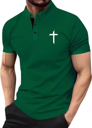 Generic Henley Shirts for Men Short Sleeve Christian Cross Shirt Button Down T-Shirts Stand Collar Tops Casual Tees Blouse Camisa para Hombres(Green, XXL)