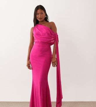 Tfnc Petite Vestito lungo monospalla drappeggiato in rete rosa con laccetti