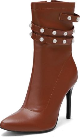 Generic Womens Fashion Pointed Toe Dressy Ankle Boots Zipper Stiletto High Heels Pearls Elegant Pumps Shoes for Party Wedding (Brown,7.5)