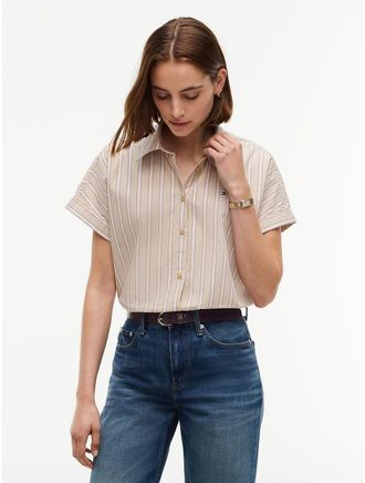 Tommy Hilfiger Womens Boxy Fit Drawcord Striped Poplin Shirt - Gentle Gold - XXL