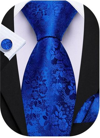 Barry.Wang Mens Royal Blue Tie Silk Floral Necktie Pocket Square Cufflinks Set Wedding Party Formal