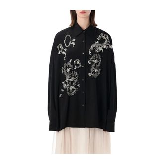Dries Van Noten Overhemden, Dames, Zwart, M, Polyester, Oversized Versierde Blouse