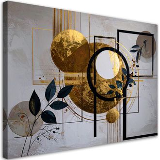 Feeby Impresi&oacute;n De Imagen, Formas Abstractas C&iacute;rculos Y Hojas En Dorado, 100x70
