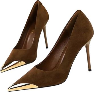 Generic Women Pointed Toe High Heel Pumps Spring Elegant Metal Detail Banquet Dress Shoes Coffee