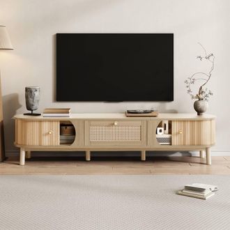 Merax 170cm TV Cabinet with Slatted Wood Doors & Rattan Drawers in Natural