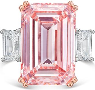 Diana M. Jewels 18kt Rose gold Lab grown 10ct Fancy pink emerald diamond ring with emerald diamonds on the side and micropave band
