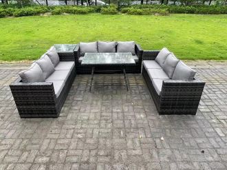 Fimous Rattan Outdoor Garden Furniture Set Garden Dining Table Set with Patio Side Table 9 Seater Dark Grey